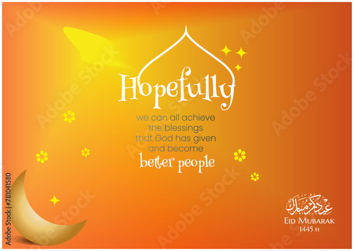 Happy Eid Mubarak greeting card with mosque, crescent moon and ornaments isolated on yellow gradient orange background (ID: 781041580)
