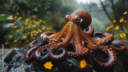 Small octopus on rock in water