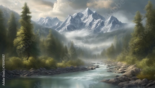 A painting of a mountain range with a river running through it. The painting has a serene and peaceful mood, with the mountains and river creating a sense of calm and tranquility © Павел Кишиков