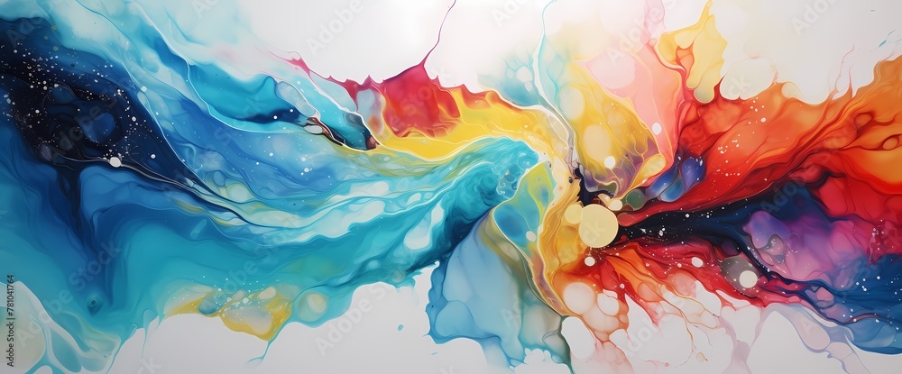 Bright colors sparkle and dance amidst a sea of glittering particles, creating an enchanting spectacle in this mesmerizing marble ink abstract scene.
