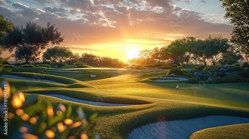 Modern golf course at sunset. Generative AI. photo