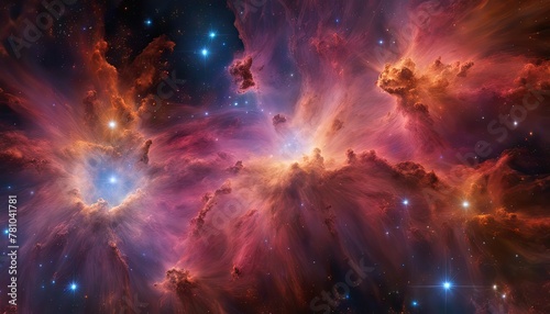 A colorful space scene with a pink cloud in the middle. The stars are scattered throughout the sky, with some closer to the foreground and others further away. Scene is one of wonder and awe photo