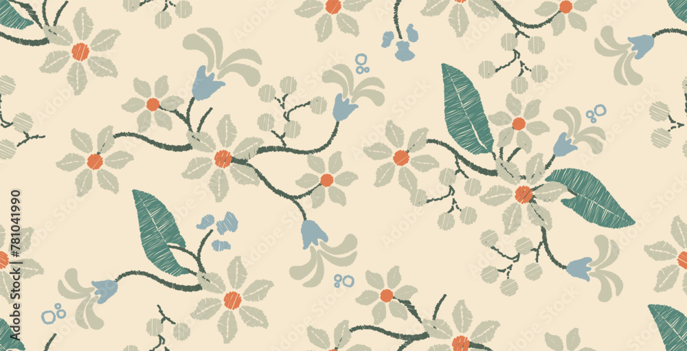 Seamless floral embroidery pattern on a light background.