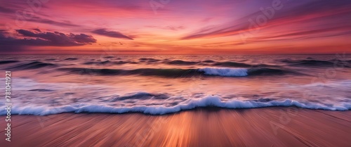 A beautiful sunset over the ocean with a wave in the foreground. The sky is a mix of pink and orange hues  creating a serene and calming atmosphere. The water is calm  reflecting the colors of the sky