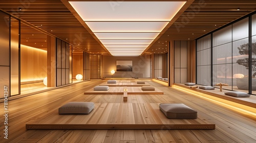 Modern Zen-style Meditation Room with Wooden Elements and Warm Lighting