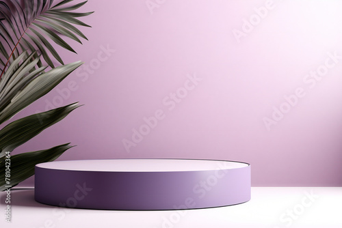 Minimalist Purple Podium with Tropical Leaves  Product Showcase Backdrop Generative AI