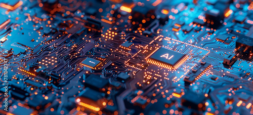 A computer motherboard with a state-of-the-art AI processor. AI generative.