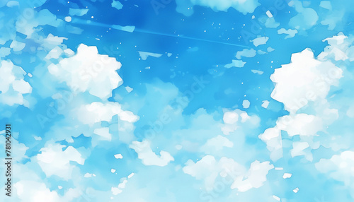 Watercolor blue sky with clouds background, Japanese anime style, simple design, flat colors, no outlines