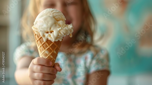 Portrait of a cute little hand holding a ice-cream against a clean blurry backdrop with space for text or product  Generative AI.