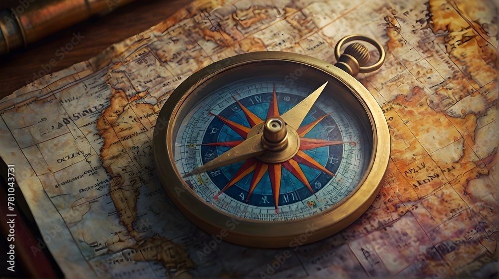 old compass on old map : Explorer's Compass Resting on Ancient Map old compass on old map : Explorer's Compass Resting on Ancient Map