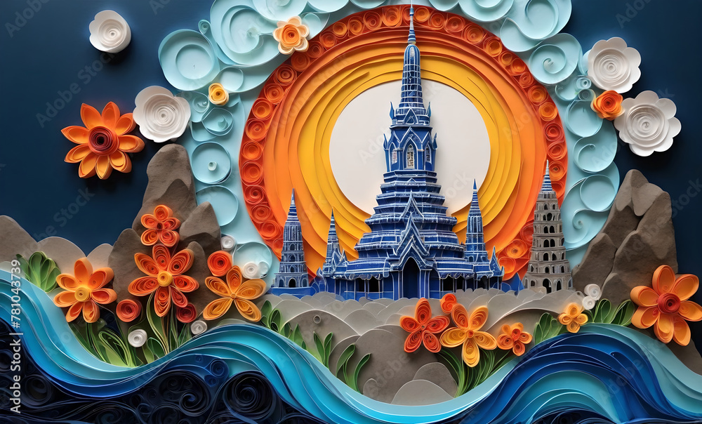 Fototapeta premium create a 3d paper art craft of a wat arun Iight emanating from the wat arun windows and top beacon