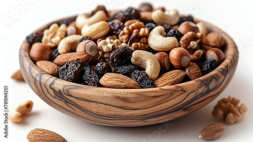 Mix of various nuts and raisins, bowl, wood bowl, Isolated on White Background. Generative AI.