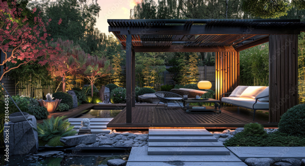 modern garden with a wooden deck, terrace and pool, a modern gazebo with a white sofa, trees in the background
