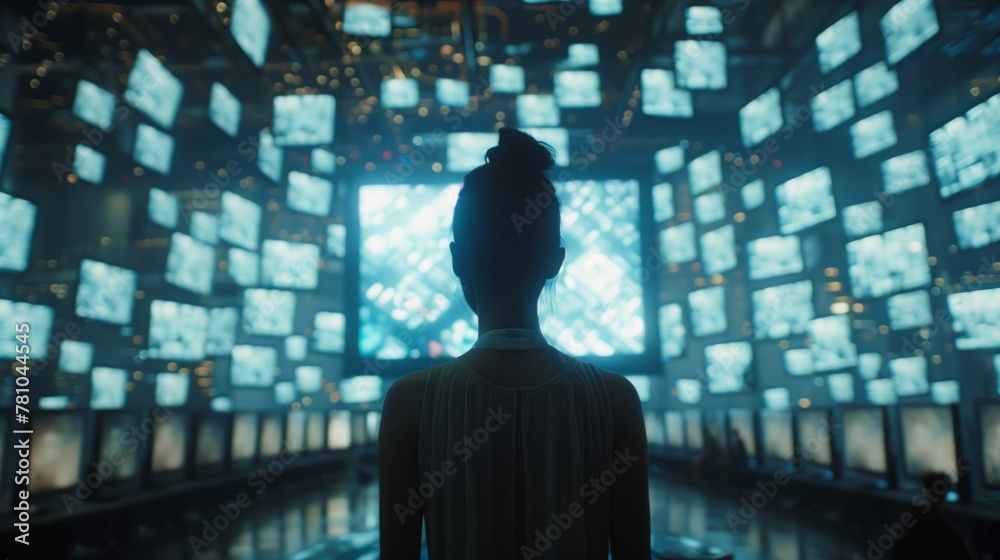 Silhouette of a woman facing a large display of illuminated screens. Silhouette of a woman facing a large display of illuminated screens.