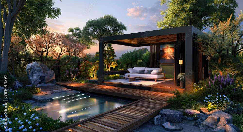 modern garden with a wooden deck, terrace and pool, a modern gazebo with a white sofa, trees in the background