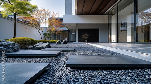 Natural minimalist courtyard style rock fragmentation patchwork walking black gravel leisure platform. Generative AI. photo