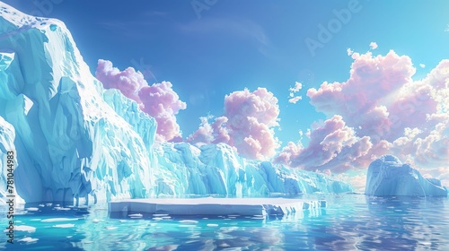 3D animation of melting glaciers, a stark yet whimsical look at climate change, vivid colors