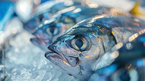 Close-up of golden blue raw trevally fish sustained over ice for sale in some nearby market looking fresh and space, Generative AI.