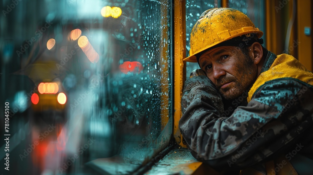 Taking a break, a worker sporting a safety helmet and work clothing stands in front of a window with raindrops falling over it dull face exhausted and space, Generative AI.