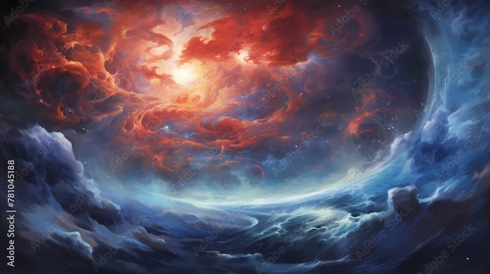 A cosmic ballet of azure and vermilion, swirling in celestial majesty.