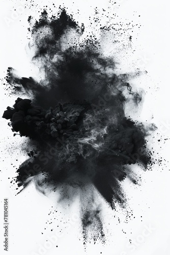 Explosive Black Powder Burst Against A White Background
