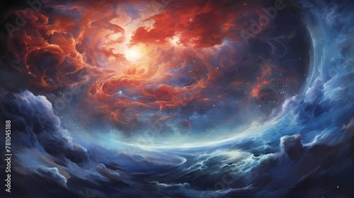 A cosmic ballet of azure and vermilion, swirling in celestial majesty."