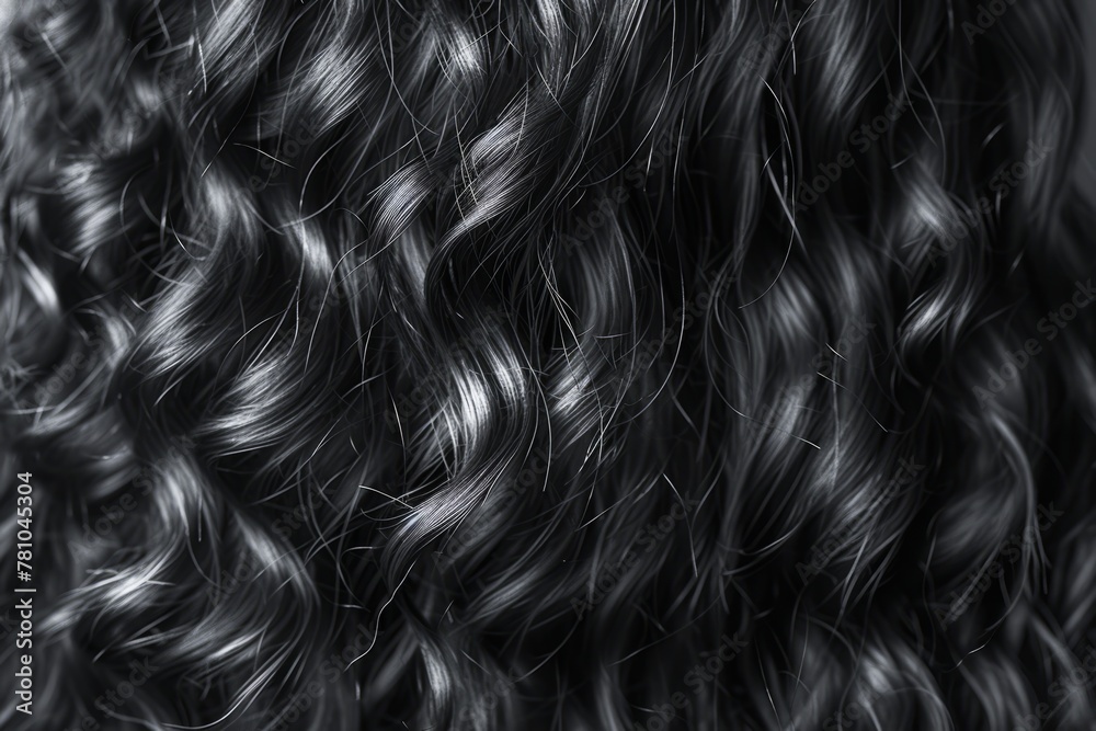 Close-Up of Dark Curly Hair Texture Against a Neutral Background - obrazy, fototapety, plakaty 