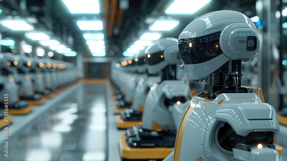 Future technology production lines, rows of highly technological robotic arms with automatic transportation robots on the ground. Generative AI.