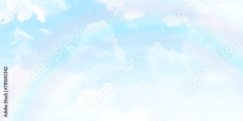 Fantastic soft white clouds against blue sky. Beautiful rainbow sky background.