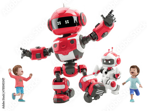 A robot is standing in front of two children