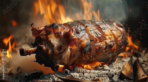 Grilled pig, Spit-roasted pig cooking over a fire. Generative AI. photo