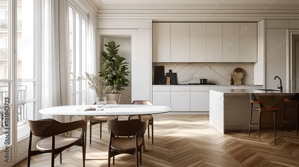 A modern kitchen in a apartment with marble worktops and herringbone parquet flooring , in the middle of the room, a dining room, wooden floor , chairs, table, window , curtains