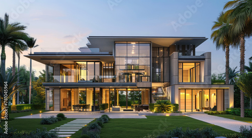 Modern twostory villa with large glass windows, white walls and black tiles on the roof. The front of the house is overlooking green lawns and palm trees in tropical climate area © Kien