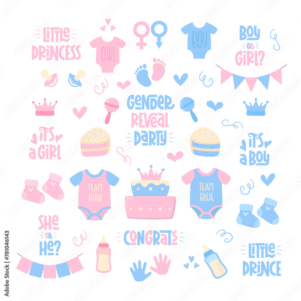 Gender Reveal Party Baby Design Elements Collection. Pink and Blue Cute Bodysuit, Socks, Footprint, Hand Palm, Cake, Bunting, Collection. Boy or Girl, She or He, Little Prince, Little Princess Text. Gender Reveal Party Baby Design Elements Collection. Pink and Blue Cute Bodysuit, Socks, Footprint, Hand Palm, Cake, Bunting, Collection. Boy or Girl, She or He, Little Prince, Little Princess Text.