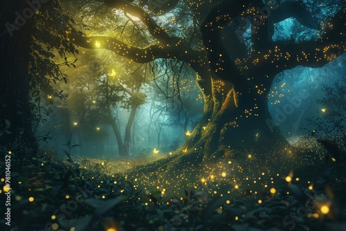 Mysterious forest filled with the light of fireflies where ancient trees and magical plants create an otherworldly atmosphere.