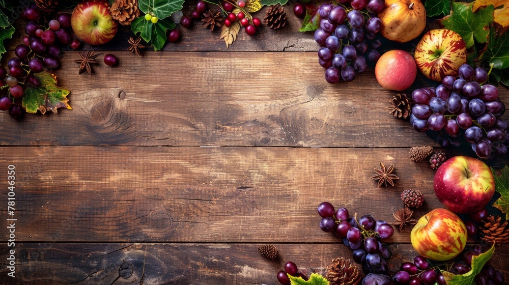 A rustic autumn harvest display with fresh fruits, grapes, apples, and scattered leaves on a wooden surface.