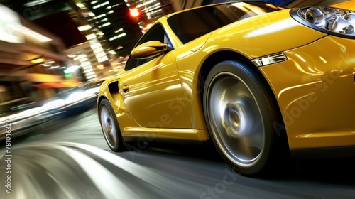 A vibrant yellow sports car speeding along a bustling city street at night, showcasing motion and luxury. © tashechka