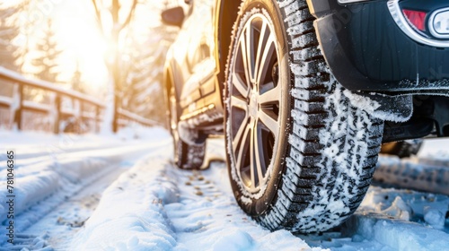 Close-up of a vehicle's winter tires on a snow-covered road with sunlight filtering through trees. © tashechka