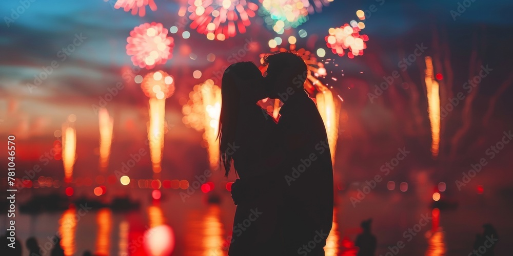 A silhouette of a romantic couple kissing against the backdrop of a festive firework display.