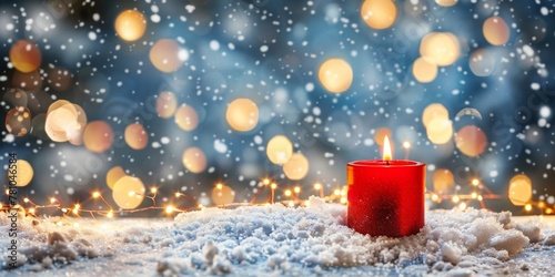 Red candle on a snowy surface surrounded by fairy lights and falling snowflakes  embodying a warm holiday spirit.