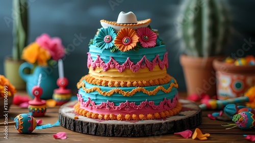 A vibrant fiesta-themed birthday cake adorned with colorful papel picado  maracas  and fondant sombreros  bringing the party to life