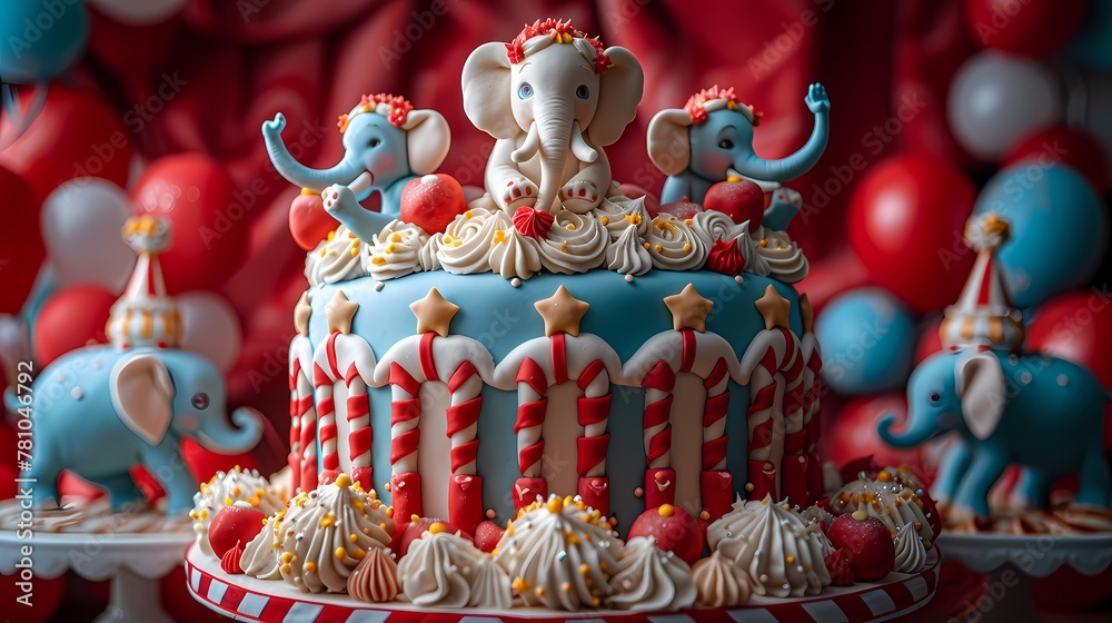 A whimsical circus-themed birthday cake adorned with fondant elephants, lions, and acrobats, capturing the excitement of the big top