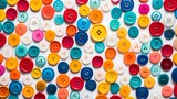An overhead shot of brightly colored buttons arranged in a dynamic pattern on a plain, white surface, each button showcasing its unique texture and hue.