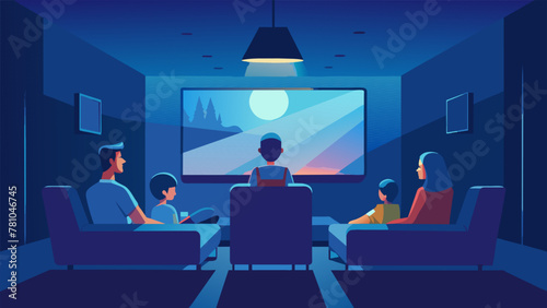 A family enjoys a movie night in their home theater with smart lighting creating the perfect atmosphere. The lights dim down and change to a