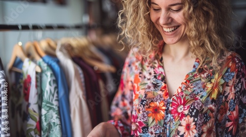 Joyful woman browsing through a colorful selection of floral patterned clothing in her wardrobe.
