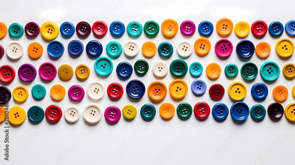 An overhead shot of brightly colored buttons arranged in a dynamic pattern on a plain, white surface, each button showcasing its unique texture and hue. An overhead shot of brightly colored buttons arranged in a dynamic pattern on a plain, white surface, each button showcasing its unique texture and hue.