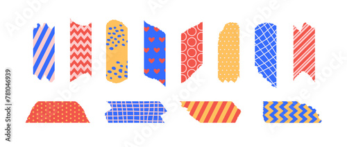 Patterned masking tape piece set. Decorative scotch stripes with torn jagged edges. Plastic duct tape band collection. Sticky adhesive washi stripes for package wrap, blank tag, label, sticker. Vector