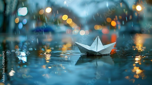 Close shot of a paper boat floating on rain water with waves and space for text or product advertisement, Generative AI.