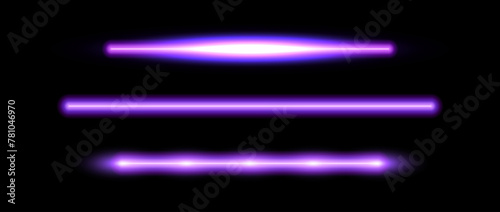 Purple neon tube lamp set. Glowing led light line beam collection. Violet luminous fluorescent bar stick lines. Ultraviolet color strip element pack to divide, separate, decorate. Vector illustration photo