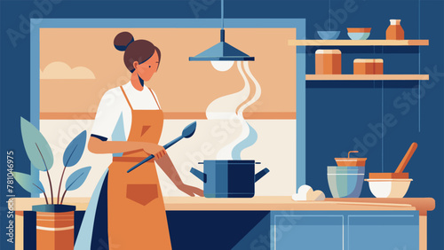 In a cozy kitchen a woman stands over a brewing pot her hand resting on the wooden s that stirs the rich brew. She closes her eyes inhaling